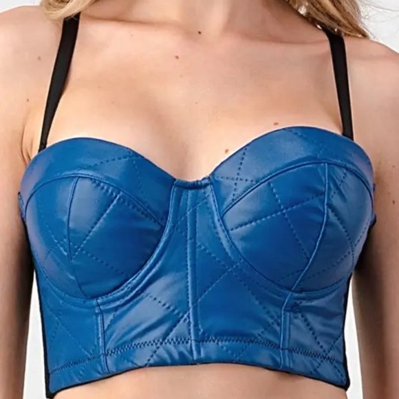 Callie Lives Other - The Callie Blue: Quilted Vegan Leather Bustier Cropped Top Bra Corset Medium